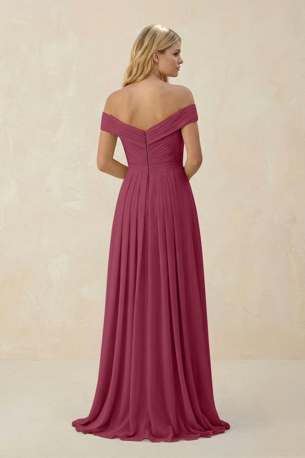 Off - the - Shoulder Pleated A - Line Chiffon Bridesmaid Dress in Desert Rose - KissProm Bridesmaid Dresses