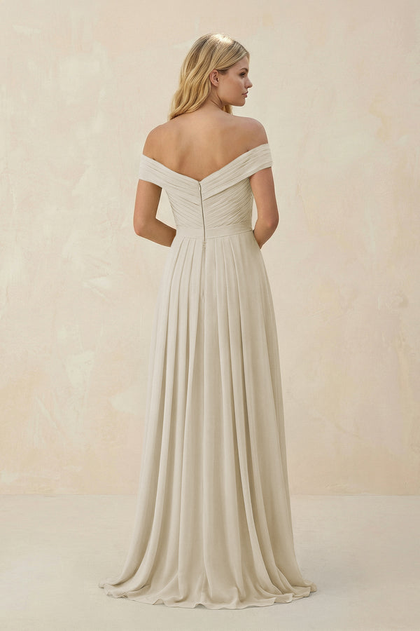 Off - the - Shoulder Pleated A - Line Chiffon Bridesmaid Dress in Dove Gray - KissProm Bridesmaid Dresses