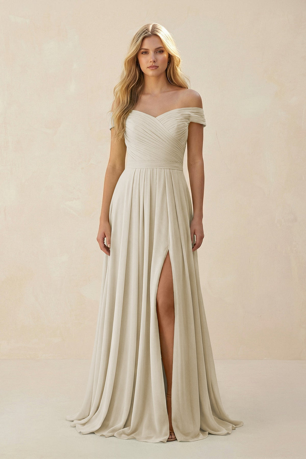 Off - the - Shoulder Pleated A - Line Chiffon Bridesmaid Dress in Dove Gray - KissProm Bridesmaid Dresses