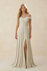Off - the - Shoulder Pleated A - Line Chiffon Bridesmaid Dress in Dove Gray - KissProm Bridesmaid Dresses