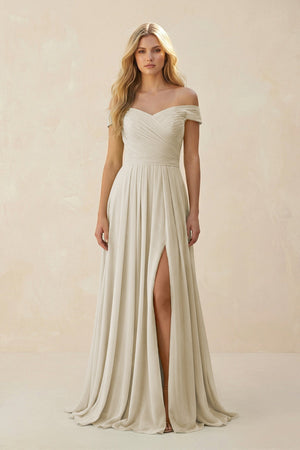 Off - the - Shoulder Pleated A - Line Chiffon Bridesmaid Dress in Dove Gray - KissProm Bridesmaid Dresses