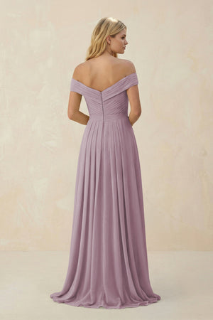 Off - the - Shoulder Pleated A - Line Chiffon Bridesmaid Dress in Dusk - KissProm Bridesmaid Dresses