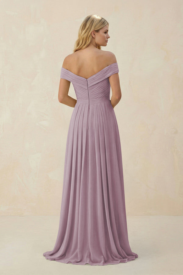 Off - the - Shoulder Pleated A - Line Chiffon Bridesmaid Dress in Dusk - KissProm Bridesmaid Dresses