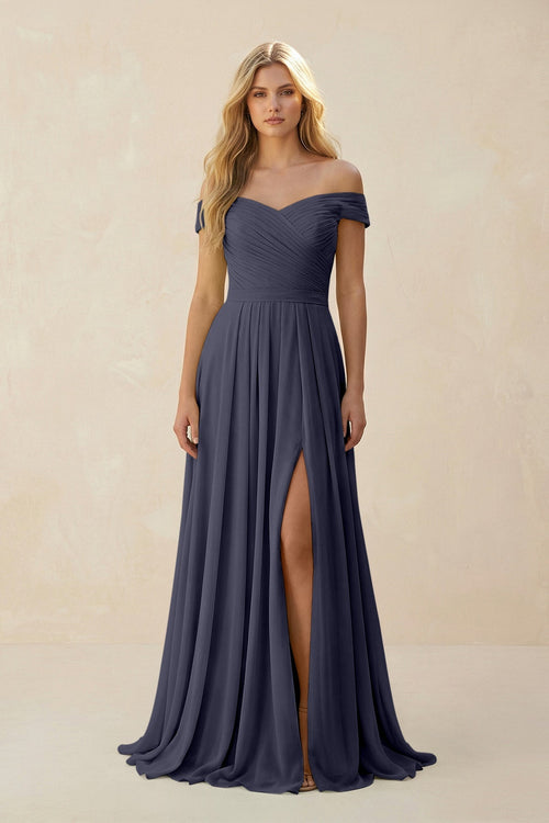 Off - the - Shoulder Pleated A - Line Chiffon Bridesmaid Dress in Dusk Blue - KissProm Bridesmaid Dresses