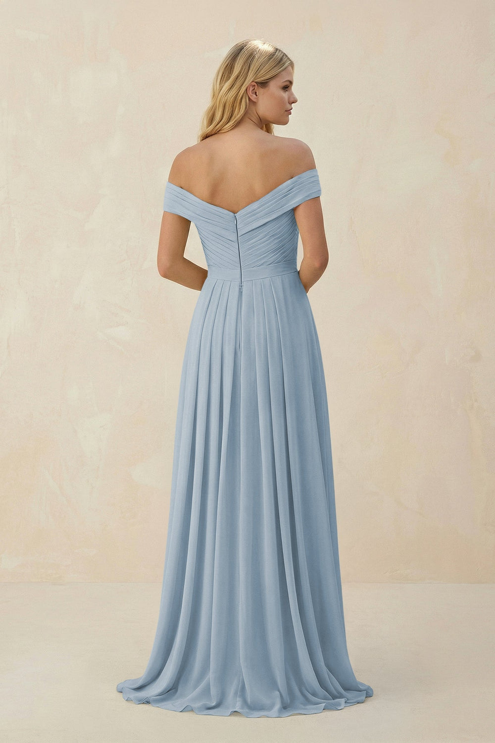 Off - the - Shoulder Pleated A - Line Chiffon Bridesmaid Dress in Dusty Blue - KissProm Bridesmaid Dresses