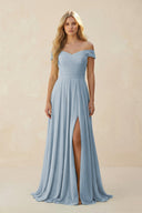 Off - the - Shoulder Pleated A - Line Chiffon Bridesmaid Dress in Dusty Blue - KissProm Bridesmaid Dresses