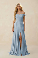 Off - the - Shoulder Pleated A - Line Chiffon Bridesmaid Dress in Dusty Blue - KissProm Bridesmaid Dresses