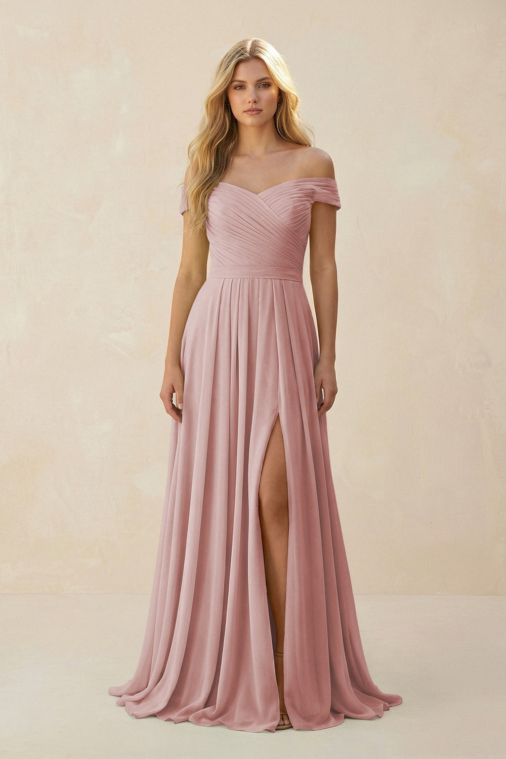 Off - the - Shoulder Pleated A - Line Chiffon Bridesmaid Dress in Dusty Rose - KissProm Bridesmaid Dresses
