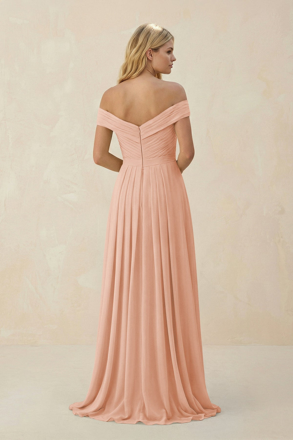 Off - the - Shoulder Pleated A - Line Chiffon Bridesmaid Dress in English Rose - KissProm Bridesmaid Dresses