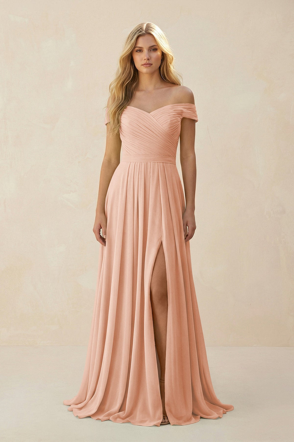 Off - the - Shoulder Pleated A - Line Chiffon Bridesmaid Dress in English Rose - KissProm Bridesmaid Dresses