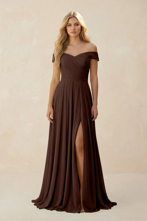 Off - the - Shoulder Pleated A - Line Chiffon Bridesmaid Dress in Espresso - KissProm Bridesmaid Dresses