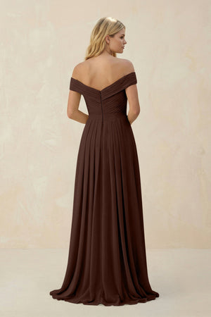 Off - the - Shoulder Pleated A - Line Chiffon Bridesmaid Dress in Espresso - KissProm Bridesmaid Dresses