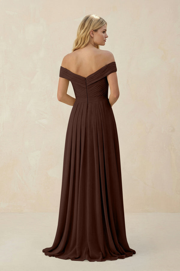 Off - the - Shoulder Pleated A - Line Chiffon Bridesmaid Dress in Espresso - KissProm Bridesmaid Dresses