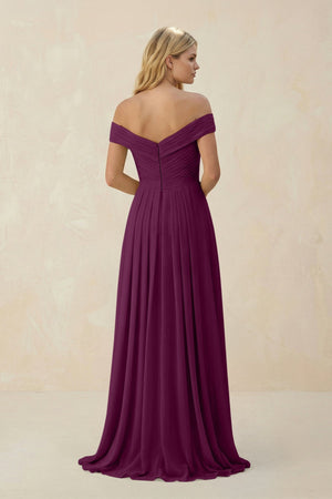 Off - the - Shoulder Pleated A - Line Chiffon Bridesmaid Dress in Fig - KissProm Bridesmaid Dresses