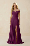 Off - the - Shoulder Pleated A - Line Chiffon Bridesmaid Dress in Fig - KissProm Bridesmaid Dresses