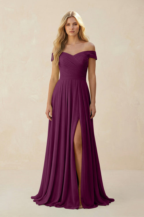 Off - the - Shoulder Pleated A - Line Chiffon Bridesmaid Dress in Fig - KissProm Bridesmaid Dresses