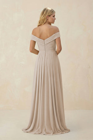 Off - the - Shoulder Pleated A - Line Chiffon Bridesmaid Dress in Frost - KissProm Bridesmaid Dresses