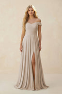Off - the - Shoulder Pleated A - Line Chiffon Bridesmaid Dress in Frost - KissProm Bridesmaid Dresses