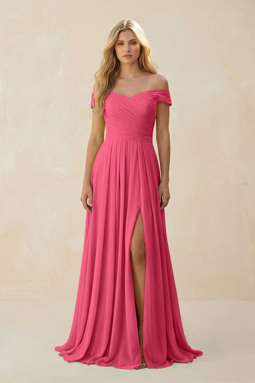 Off - the - Shoulder Pleated A - Line Chiffon Bridesmaid Dress in Fuchsia - KissProm Bridesmaid Dresses