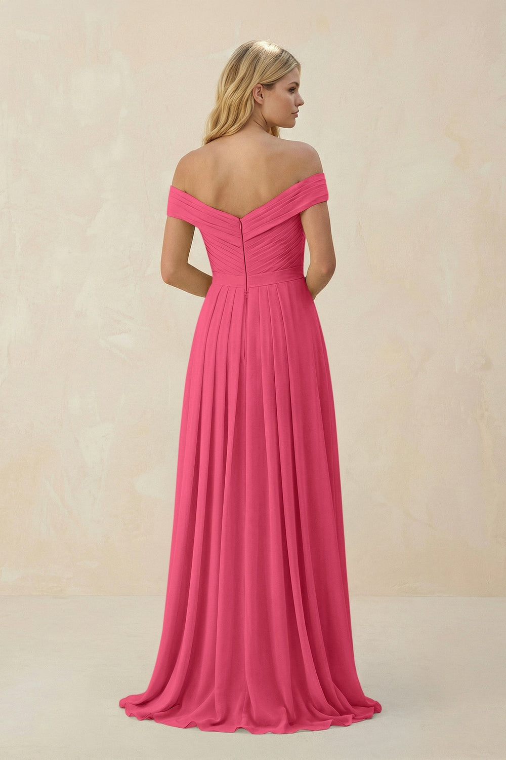 Off - the - Shoulder Pleated A - Line Chiffon Bridesmaid Dress in Fuchsia - KissProm Bridesmaid Dresses