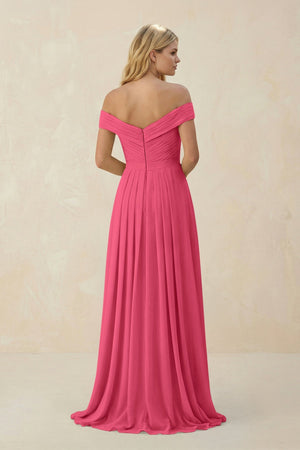 Off - the - Shoulder Pleated A - Line Chiffon Bridesmaid Dress in Fuchsia - KissProm Bridesmaid Dresses