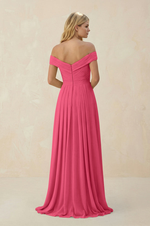 Off - the - Shoulder Pleated A - Line Chiffon Bridesmaid Dress in Fuchsia - KissProm Bridesmaid Dresses