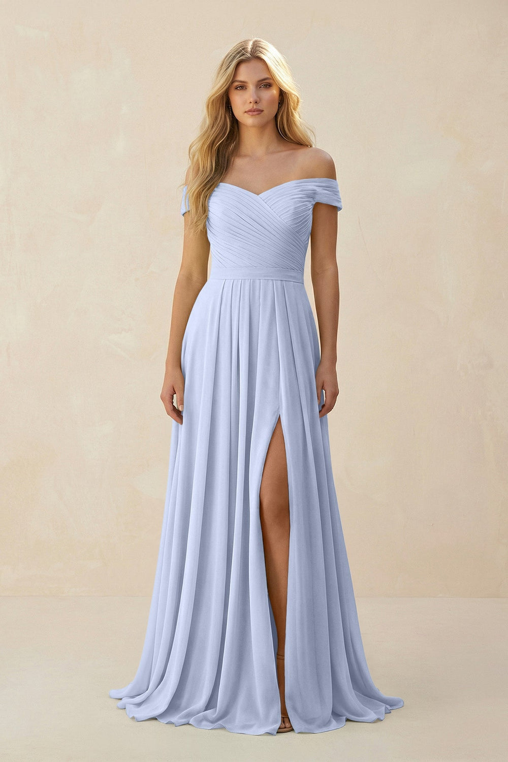 Off - the - Shoulder Pleated A - Line Chiffon Bridesmaid Dress in Ice - KissProm Bridesmaid Dresses