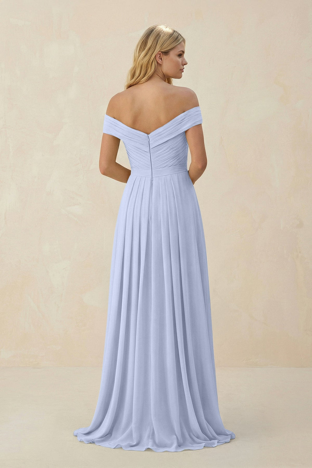 Off - the - Shoulder Pleated A - Line Chiffon Bridesmaid Dress in Ice - KissProm Bridesmaid Dresses