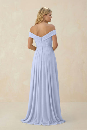 Off - the - Shoulder Pleated A - Line Chiffon Bridesmaid Dress in Ice - KissProm Bridesmaid Dresses