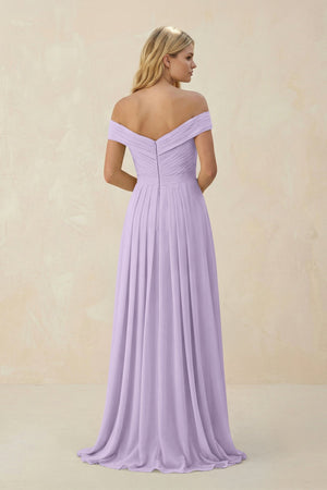 Off - the - Shoulder Pleated A - Line Chiffon Bridesmaid Dress in Lavender - KissProm Bridesmaid Dresses
