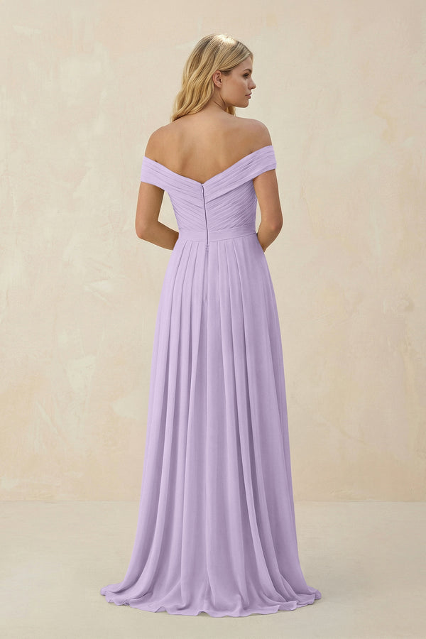 Off - the - Shoulder Pleated A - Line Chiffon Bridesmaid Dress in Lavender - KissProm Bridesmaid Dresses