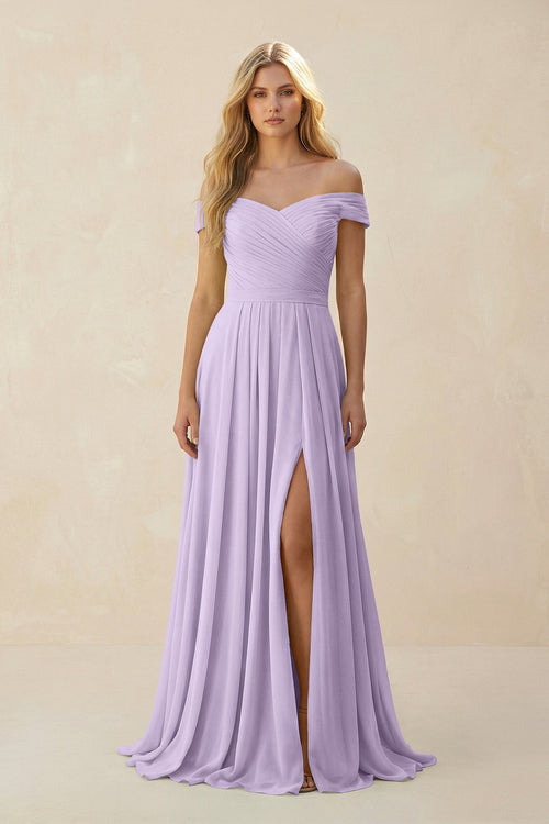 Off - the - Shoulder Pleated A - Line Chiffon Bridesmaid Dress in Lavender - KissProm Bridesmaid Dresses
