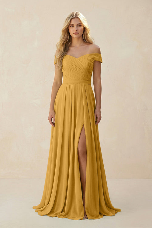 Off - the - Shoulder Pleated A - Line Chiffon Bridesmaid Dress in Marigold - KissProm Bridesmaid Dresses