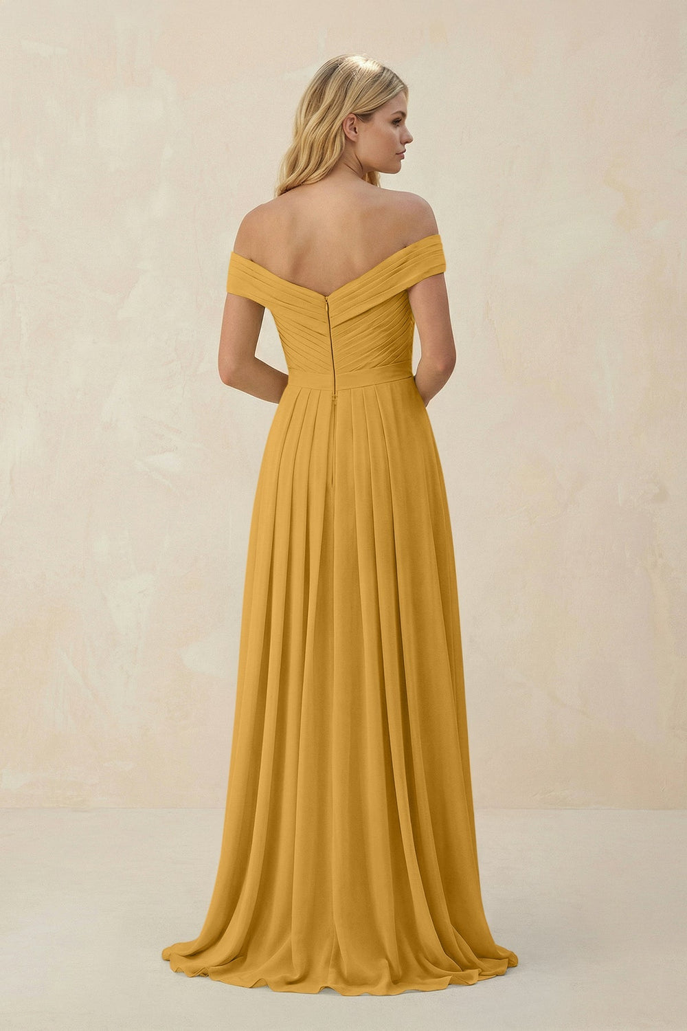 Off - the - Shoulder Pleated A - Line Chiffon Bridesmaid Dress in Marigold - KissProm Bridesmaid Dresses