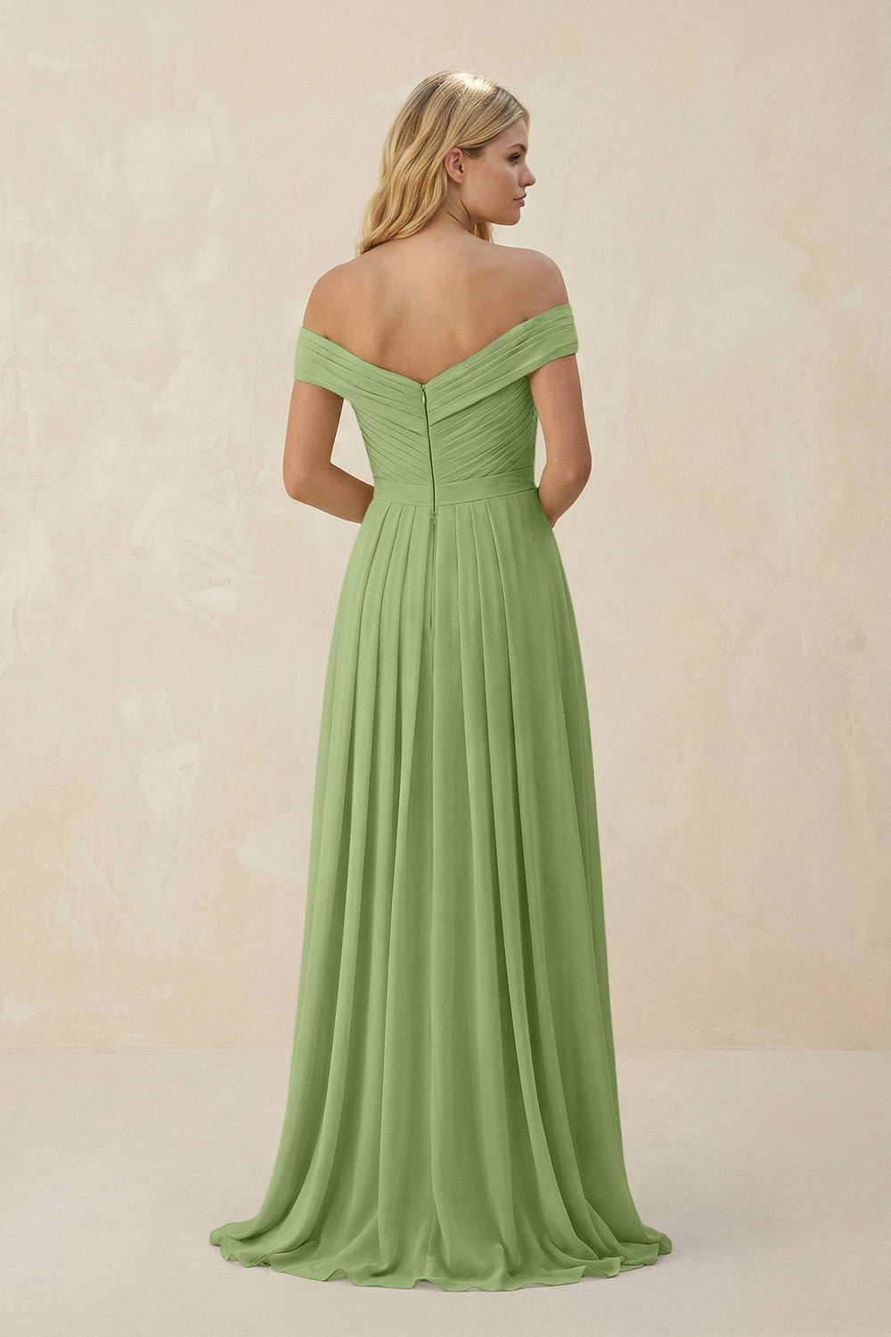 Off - the - Shoulder Pleated A - Line Chiffon Bridesmaid Dress in Matcha - KissProm Bridesmaid Dresses
