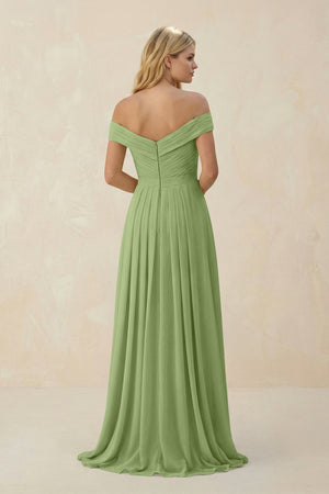 Off - the - Shoulder Pleated A - Line Chiffon Bridesmaid Dress in Matcha - KissProm Bridesmaid Dresses