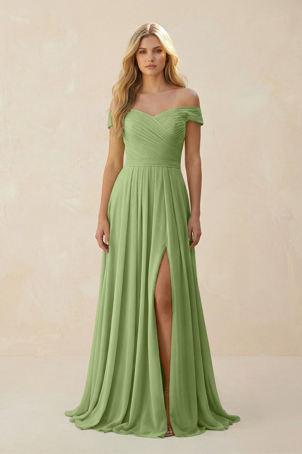 Off - the - Shoulder Pleated A - Line Chiffon Bridesmaid Dress in Matcha - KissProm Bridesmaid Dresses