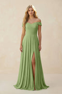 Off - the - Shoulder Pleated A - Line Chiffon Bridesmaid Dress in Matcha - KissProm Bridesmaid Dresses