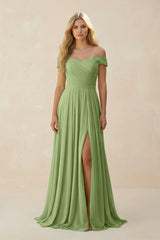 Off - the - Shoulder Pleated A - Line Chiffon Bridesmaid Dress in Matcha - KissProm Bridesmaid Dresses
