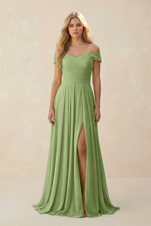 Off - the - Shoulder Pleated A - Line Chiffon Bridesmaid Dress in Matcha - KissProm Bridesmaid Dresses