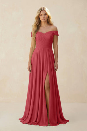 Off - the - Shoulder Pleated A - Line Chiffon Bridesmaid Dress in Merlot - KissProm Bridesmaid Dresses