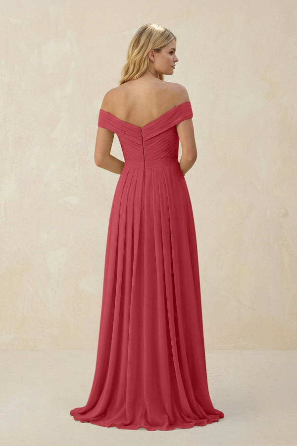 Off - the - Shoulder Pleated A - Line Chiffon Bridesmaid Dress in Merlot - KissProm Bridesmaid Dresses