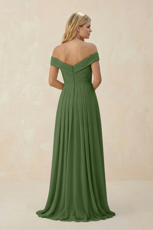 Off - the - Shoulder Pleated A - Line Chiffon Bridesmaid Dress in Moss - KissProm Bridesmaid Dresses