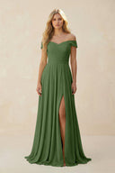 Off - the - Shoulder Pleated A - Line Chiffon Bridesmaid Dress in Moss - KissProm Bridesmaid Dresses