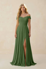 Off - the - Shoulder Pleated A - Line Chiffon Bridesmaid Dress in Moss - KissProm Bridesmaid Dresses