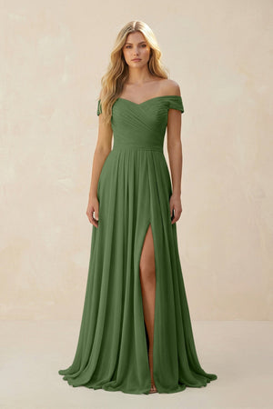 Off - the - Shoulder Pleated A - Line Chiffon Bridesmaid Dress in Moss - KissProm Bridesmaid Dresses