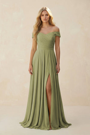 Off - the - Shoulder Pleated A - Line Chiffon Bridesmaid Dress in Moss Green - KissProm Bridesmaid Dresses