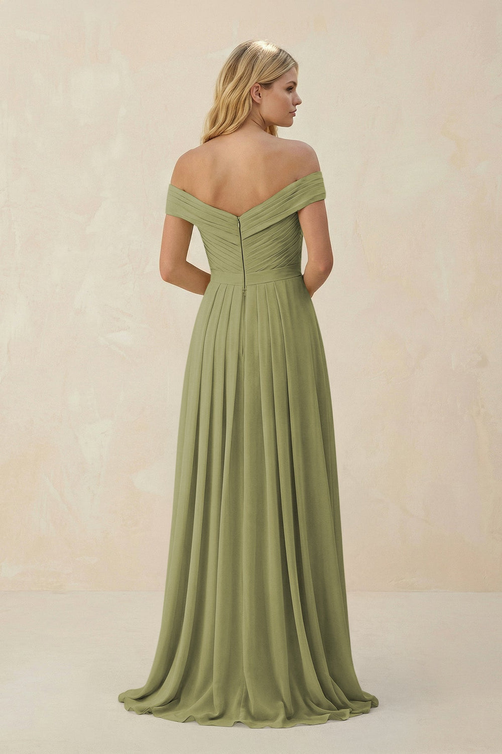 Off - the - Shoulder Pleated A - Line Chiffon Bridesmaid Dress in Moss Green - KissProm Bridesmaid Dresses