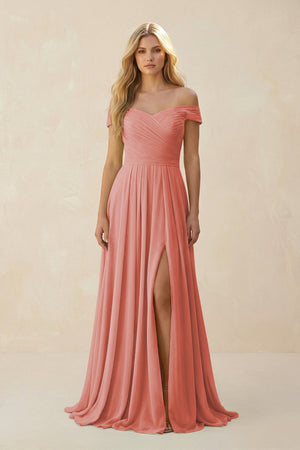 Off - the - Shoulder Pleated A - Line Chiffon Bridesmaid Dress in Mulberry - KissProm Bridesmaid Dresses