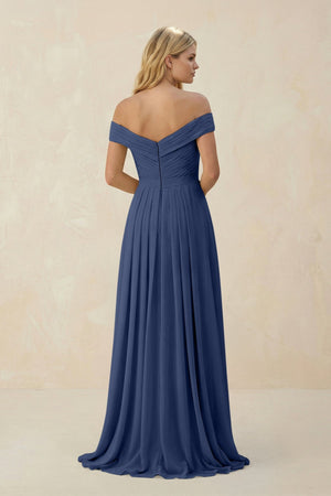 Off - the - Shoulder Pleated A - Line Chiffon Bridesmaid Dress in Navy - KissProm Bridesmaid Dresses